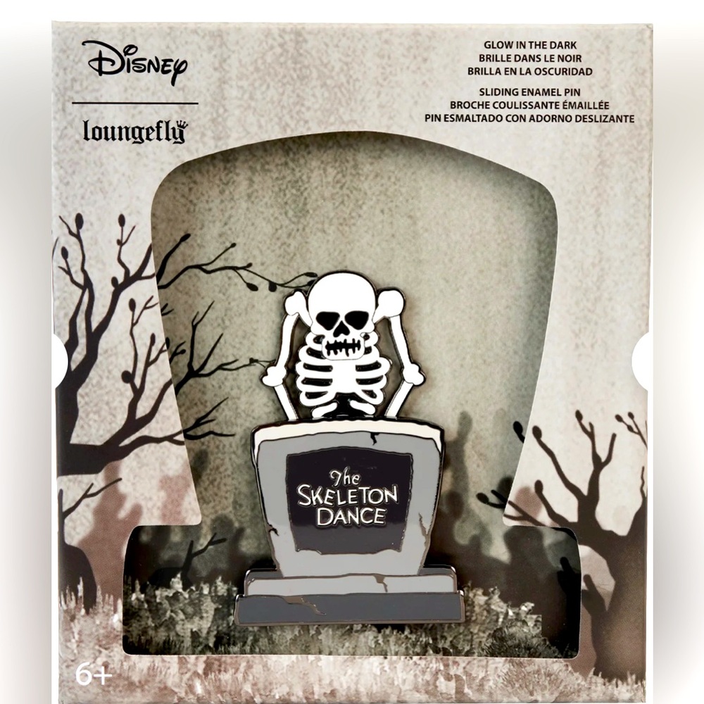 NWT. Loungefly pin. Disney The Skeleton Dance 95th Anniv. Glow 3" Collector Box